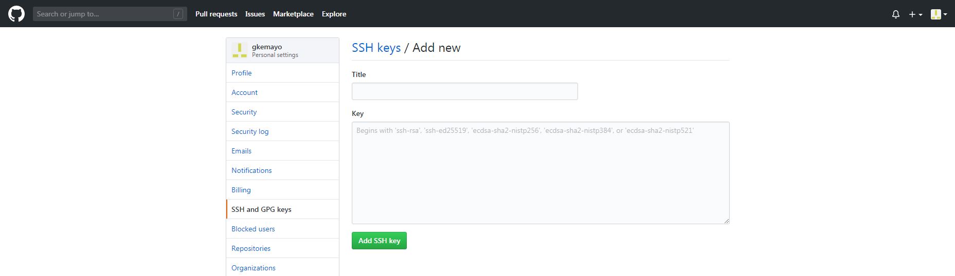 Interface GitHub de configuration SSH